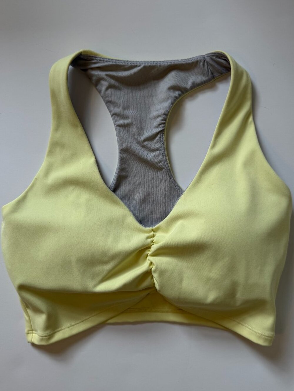 Women's Bright Yellow Sports Bra Ruched with Racer Back and Padding Size Small